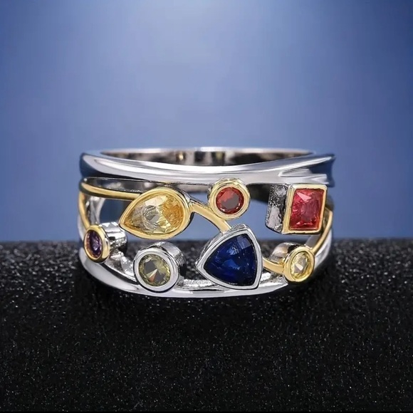 Elegant Multi-color Stone Silver and Gold Ring - Picture 5 of 13